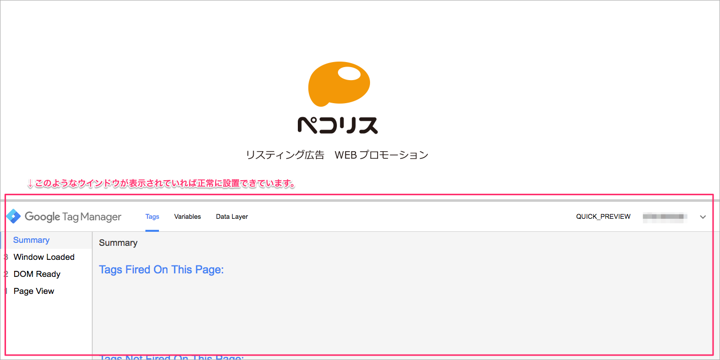 タグマネージャの設置プレビュー